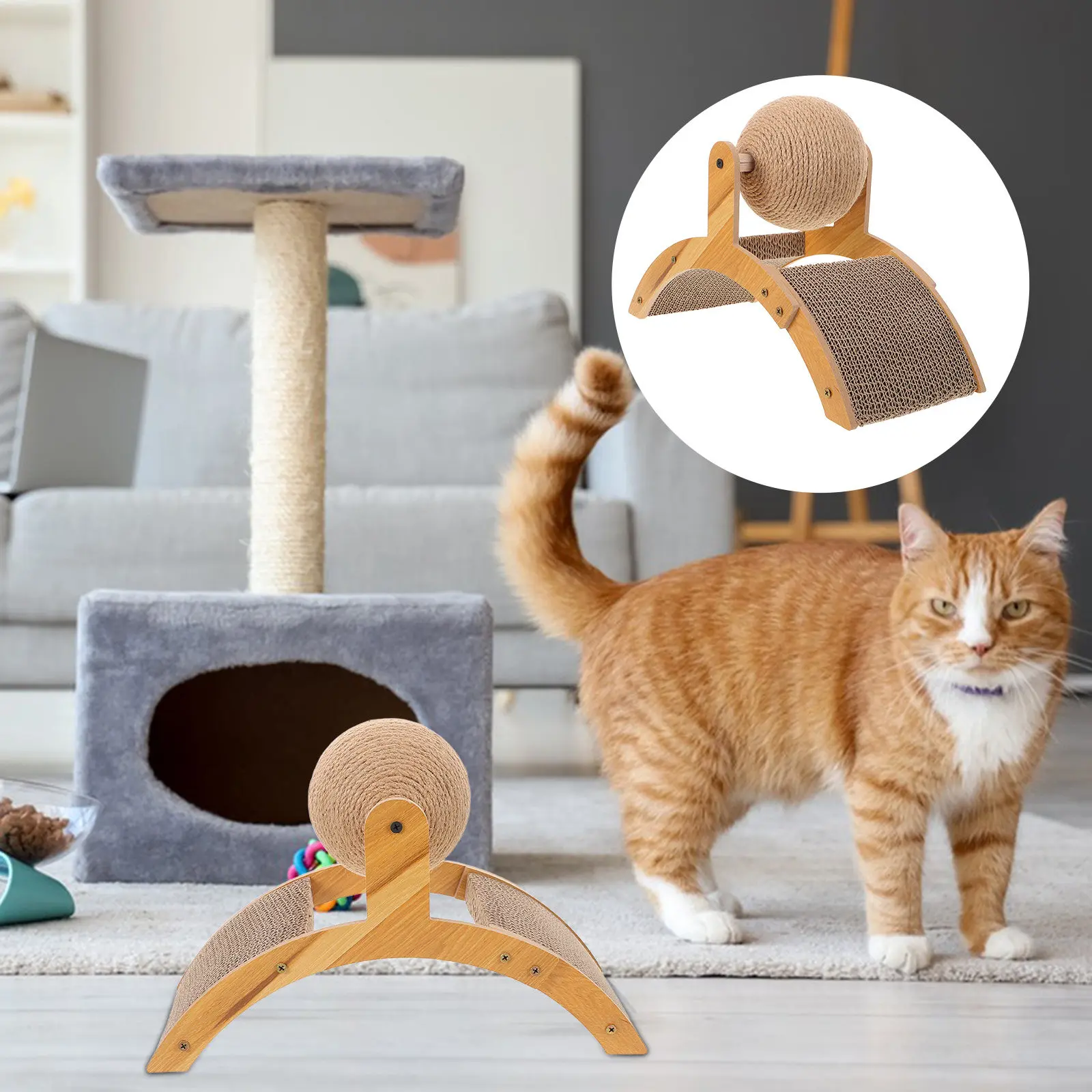Griffoir vertical pour chat en forme de grande roue, avec balles et structure d'escalade en sisal, planche à gratter interactive et stable, jouet interactif.