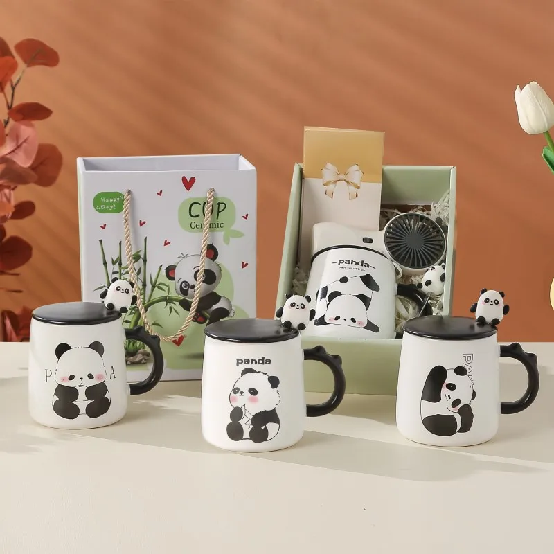 Makeup Ceramic Cup Creative Cartoon Water Cup Office Coffee Cup Handheld Gift Panda Mascot Souvenir Gift Towel Handheld fan