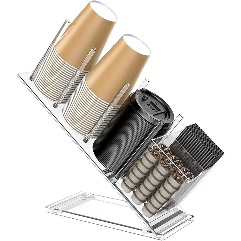 

ABLK Acrylic Cup And Lid Holder Adjustable Coffee Cup Holder Organizer 5 Compartment Cup Dispenser