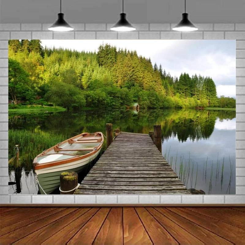 Tranquil Riverside Berthed Boat Spring Scenery Photography Backdrop Lake Wharf Lush Forest Summer Landscape Background Banner