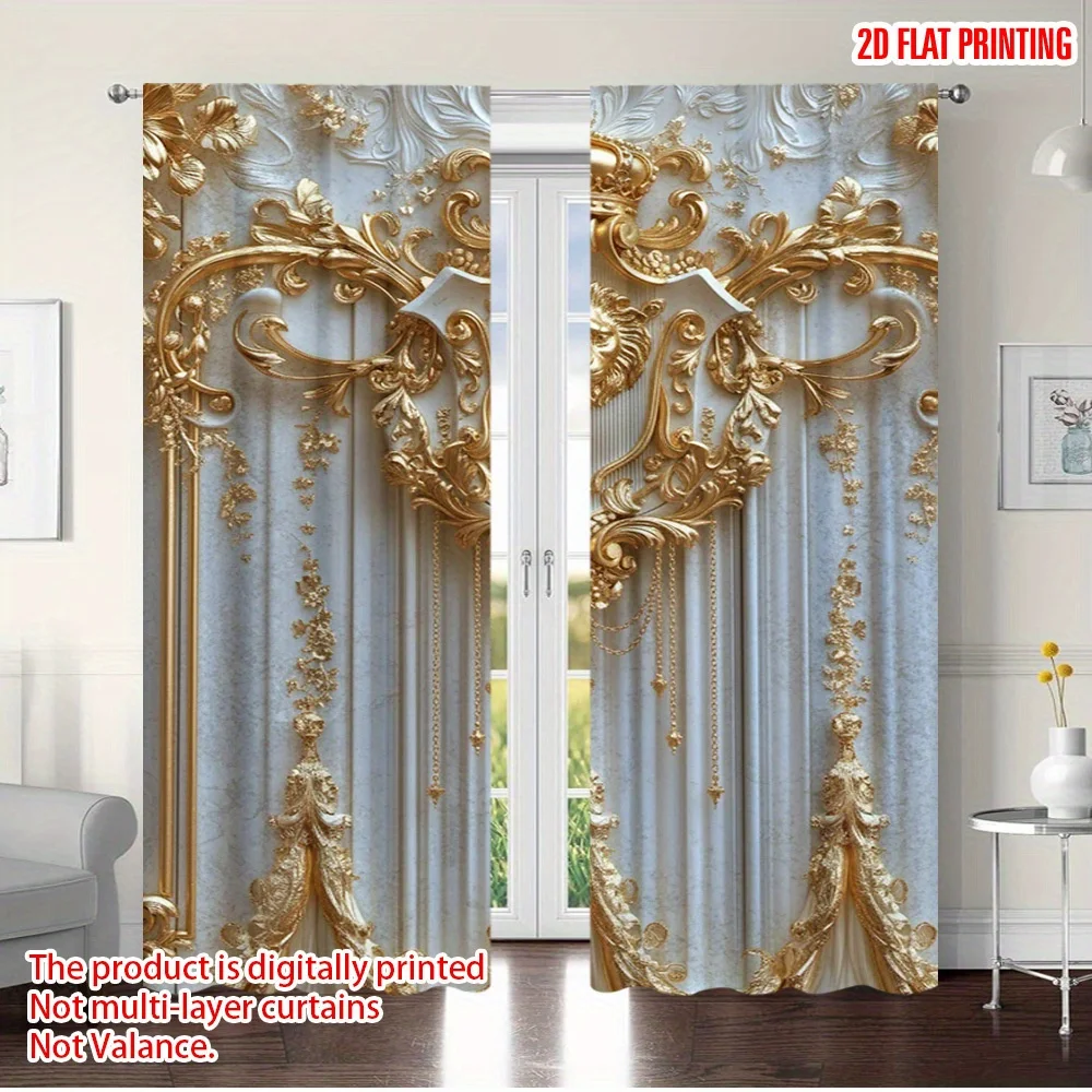 

2pcs Golden Lion Crown Print Sheer Polyester Curtains – Multiple Sizes Available for Bedroom, Living Room & Office Decor