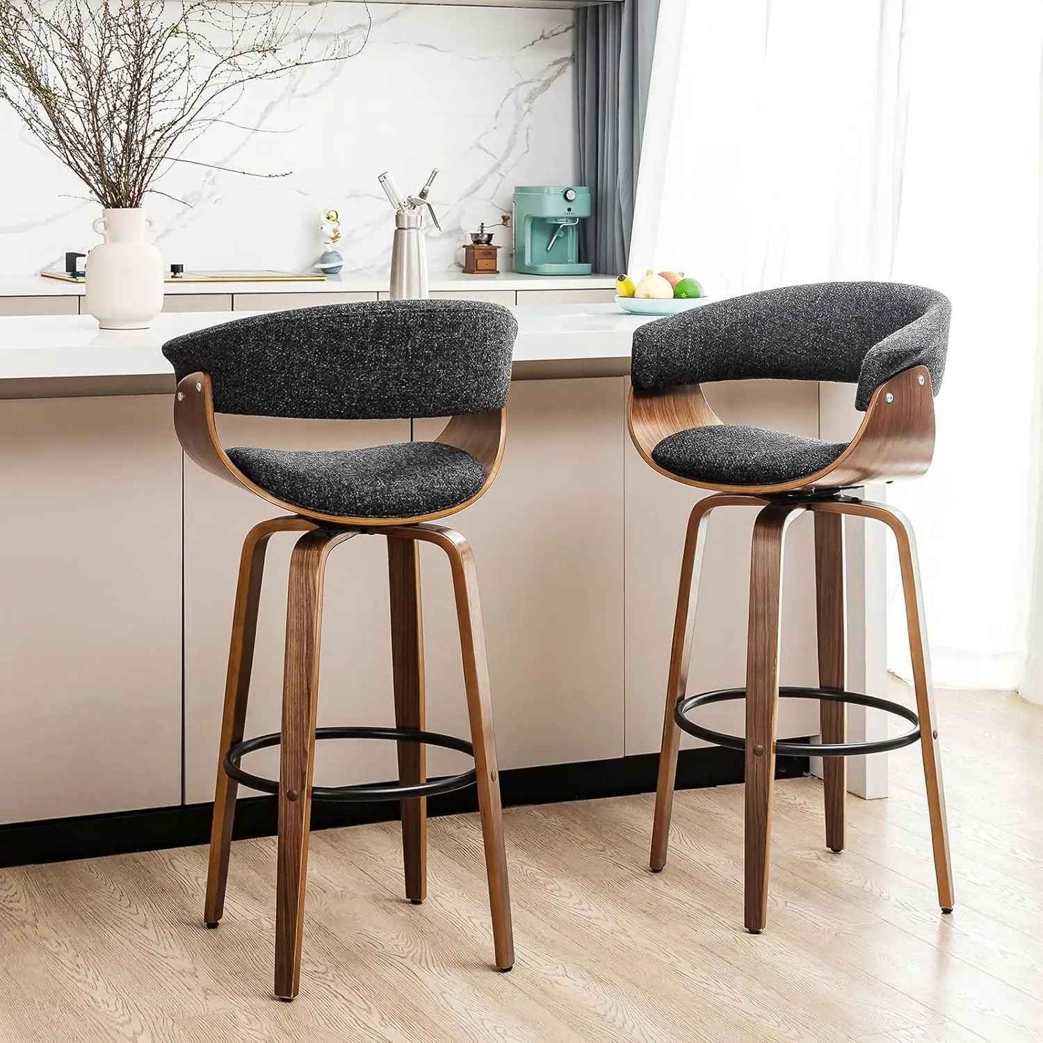 

glitzhome Bar Stools Set of 2, 29.5’’ Swivel Barstools with Curved Back, Bar Height Stools Bar Chairs with Backrest, Footrest,