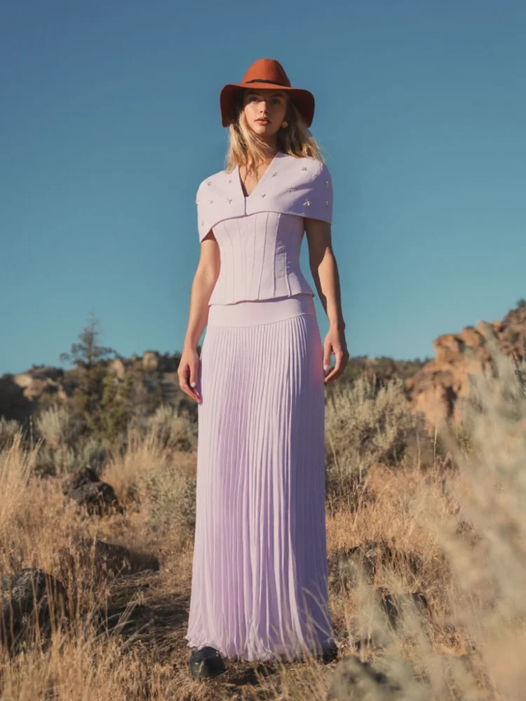 

Fashion Knitted V-neck Beaded Top Maxi Skirt Women Elegant Slim Shirts High Waist Pleated Skirts Suit Female Chic 2 piece Sets