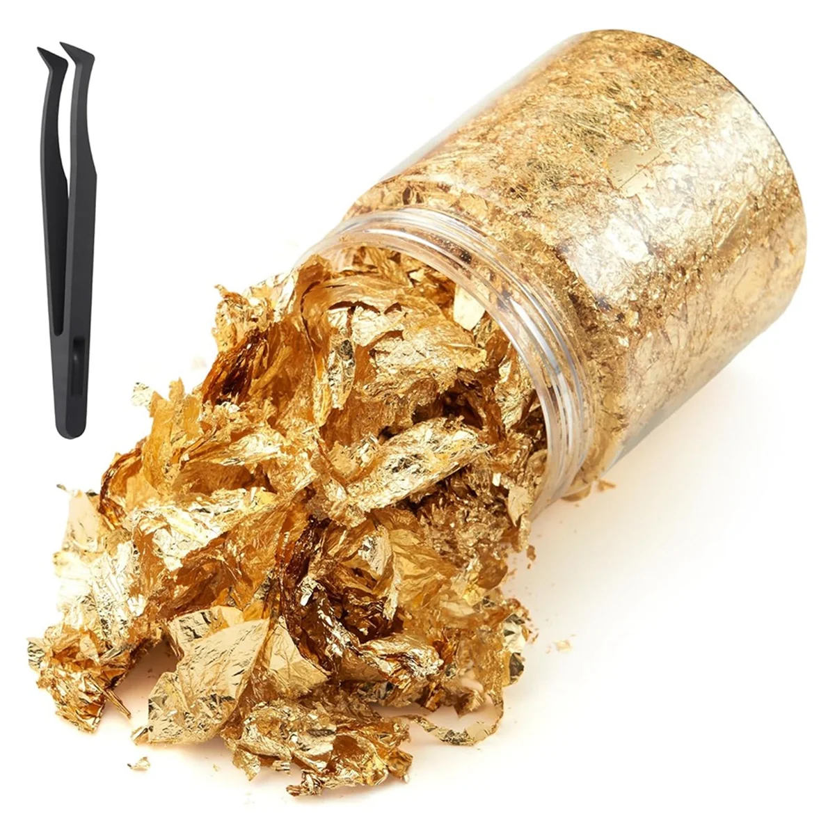 2025+ Gold Foil Leaf Flakes with Tweezers,10g Metallic Gold Foil Flakes for Resin, with Tweezers, Imitation for Nail Art