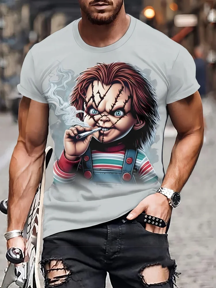 Trendy Men Chucky Doll Horror Graphic T-Shirt 3D Print Scary Movie Character Crew Neck Short Sleeve Black Novelty Tee Tops