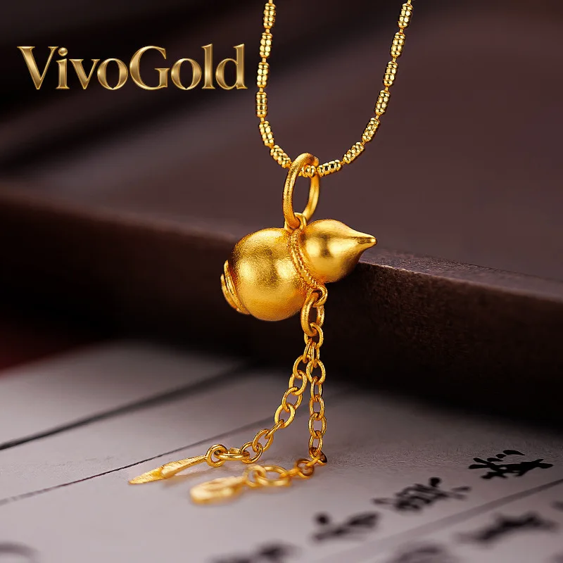 

VivoGold VivoGold New Chinese Style 9999 24K Real Gold Antique Gourd Pendant with Tassel and Vintage Gourd Necklace for Women