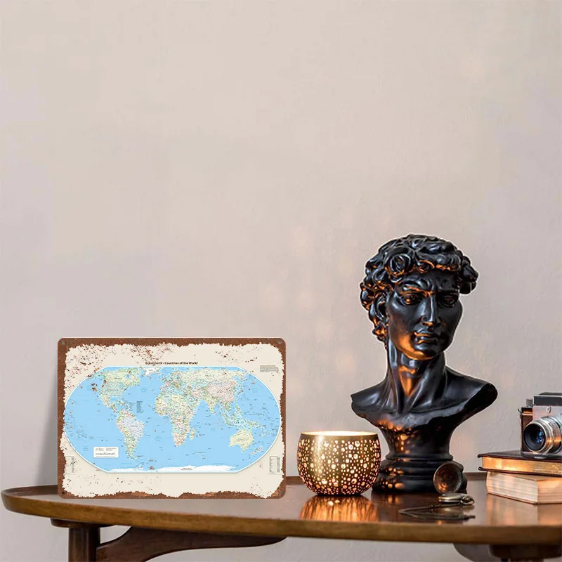 Equal Earth Countries of the World Map Tinplate Poster Customized Wall Art Vintage Metal Signs Retro Tin Plaque for Desk Decor
