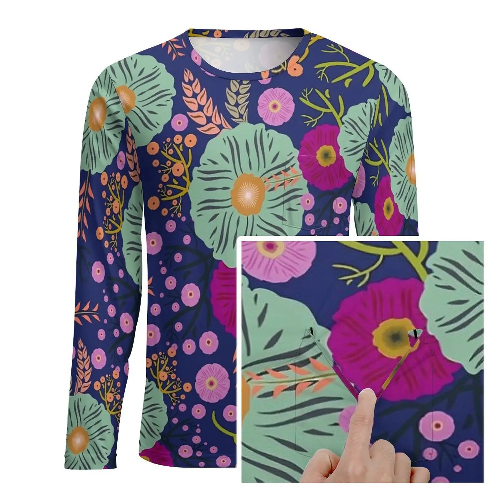 Bouquet Floral T Shirt With Pocket Vintage Print Cool T Shirts Mens Awesome Tee Shirt Long Sleeve Design Tops 3XL 4XL 5XL