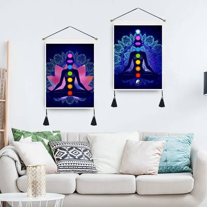 Spiritual Chakra Yoga Scroll Tapestry Mandala Lotus Meditation Polyester Wall Hanging Mystic Aesthetic Bedroom Dorm Wall Decor