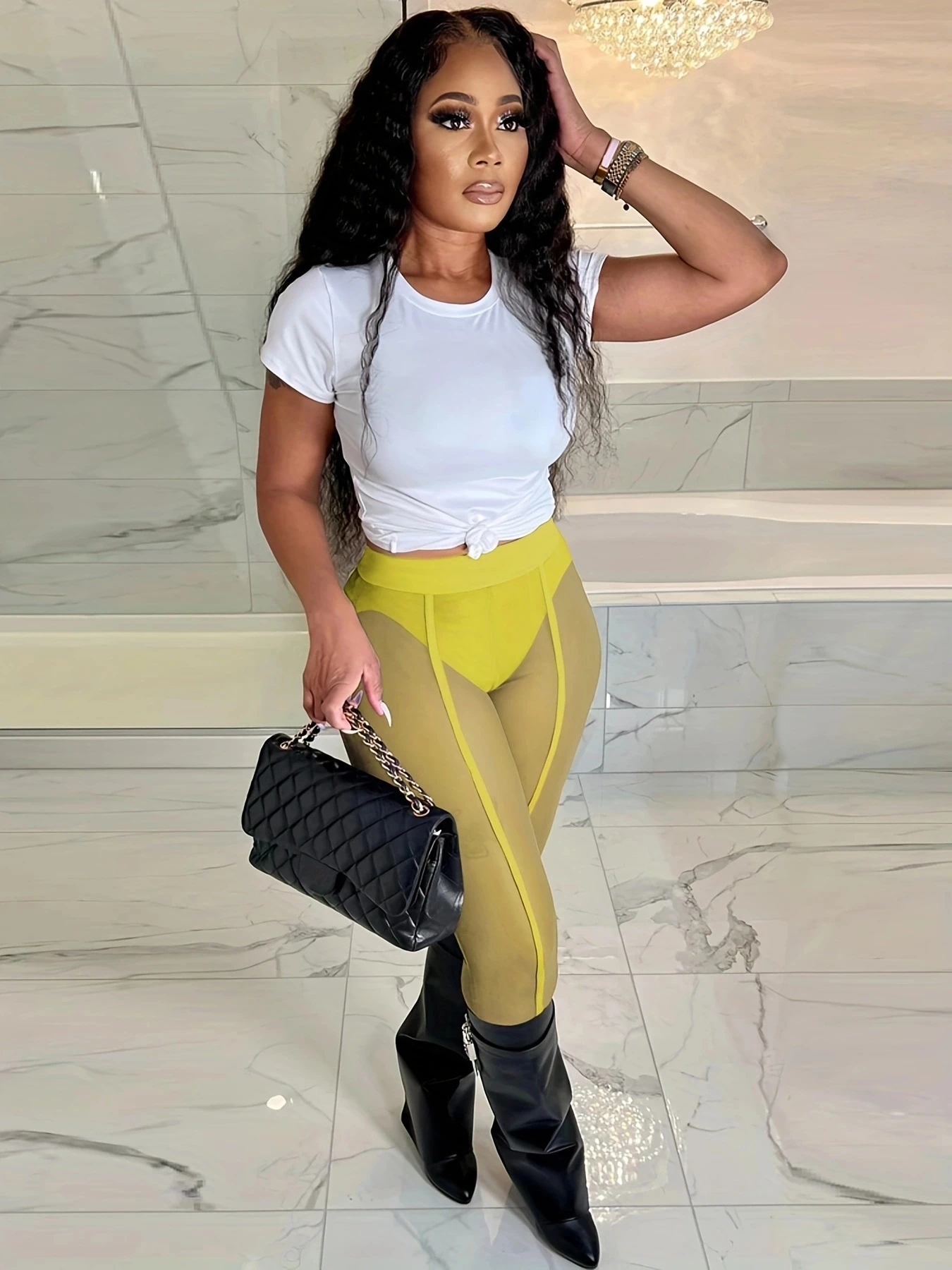 Women Summer Transparent Yellow Mesh See Through Long Stretch Pants Club Dance One Piece Trousers