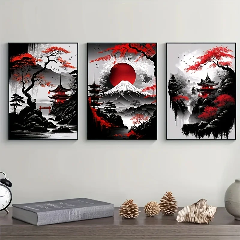 3 stücke rahmenlose japanische Natur landschaft Leinwand Malerei schwarz und rot Poster Vintage Tinte Kunst Wand drucke für Wohnzimmer nach Hause