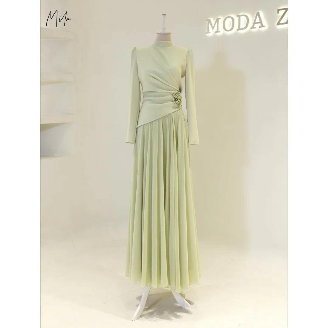 

Mila High Neck Long Sleeve Flower Decor Ruched Prom Dresses Pleated Maxi Gown Customized Formal Evening Elegant vestidos de gala