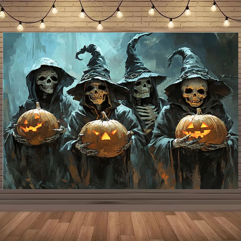 Dark Halloween Skeleton Tapestry, Wizard Skull Holding Pumpkin Wall Hanging, Scary Tapestry for Living Room Bedroom Dorm Wall