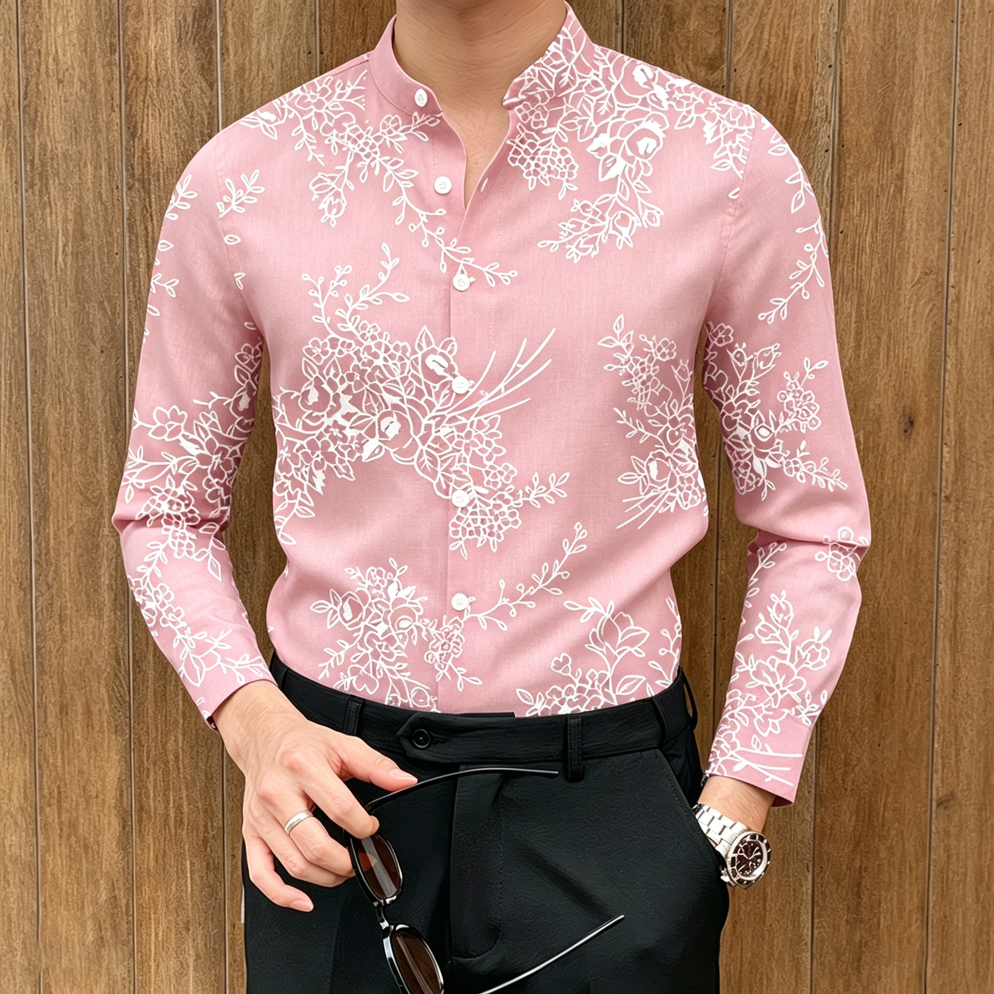 Men's Stand-Up Collar Slim-Fit Long-Sleeved Shirt, Textured Shirt with All-Over Vine Print, Light Business Casual Cardigan Top
