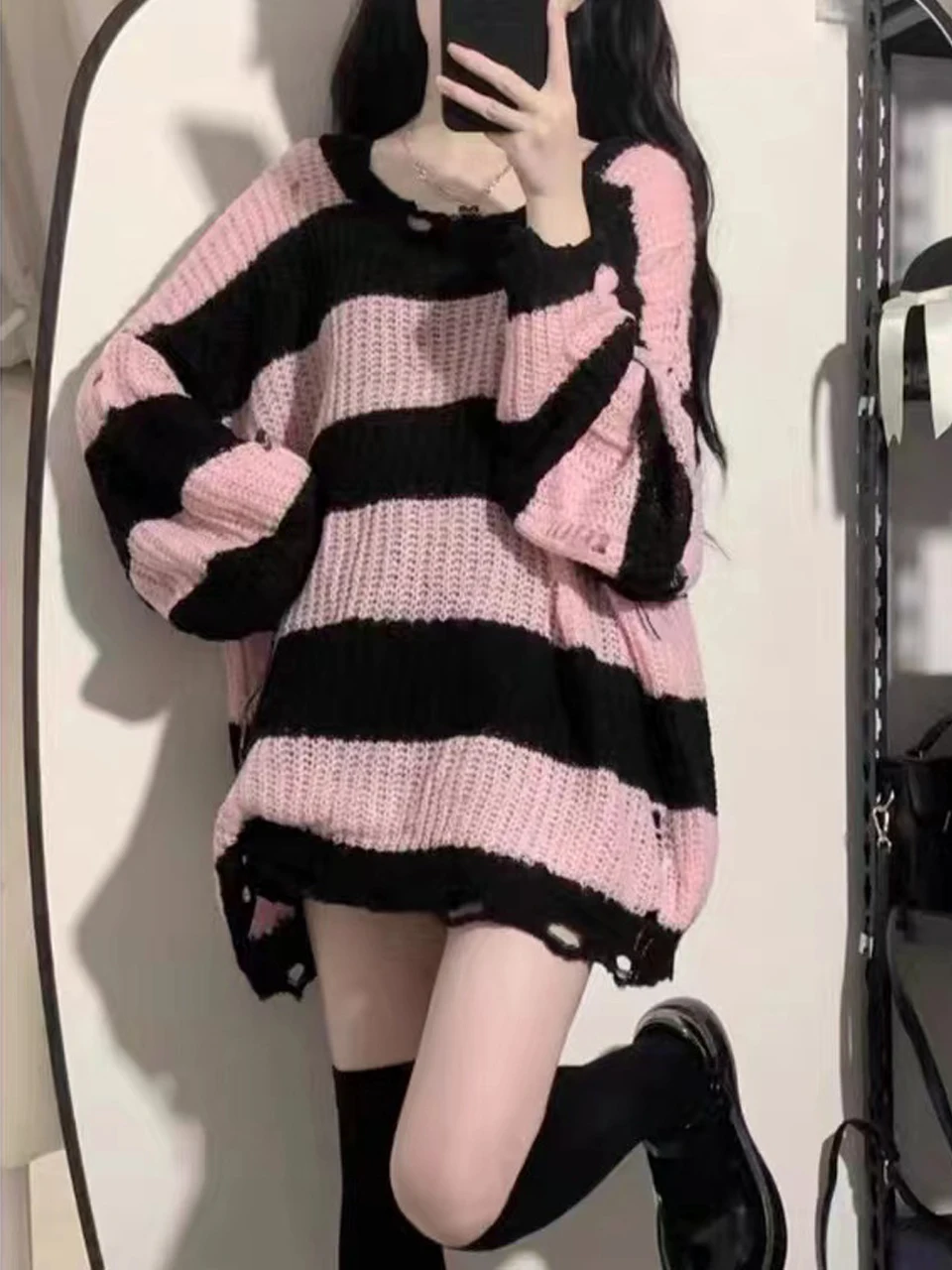 

Новинка 2023, модный вязаный свитер в стиле ретро с отверстиями, женский весенне-осенний свободный топ из полиэфирного волокна Long Sve