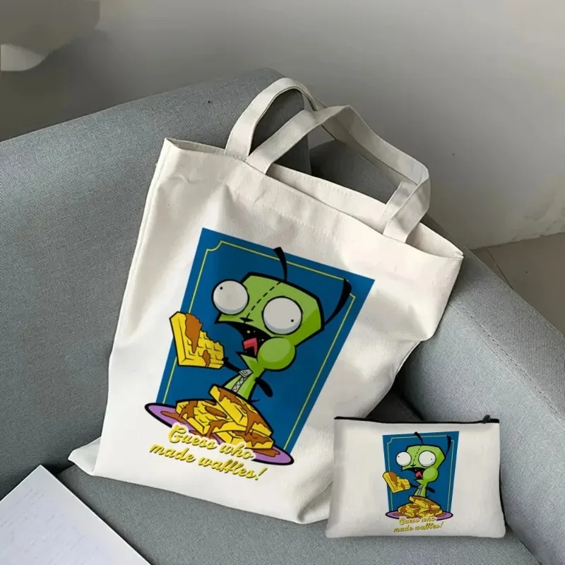 Bolso de mano de lona para mujer, bolsa de hombro de gran capacidad ecológica, 2 piezas, Zim Alien, Anime, a la moda