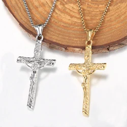 Stainless Steel Religious Crucifix Jesus Cross Necklace Pendant Gold Color Silver Color for Men Women Box Chain jewelry KP687