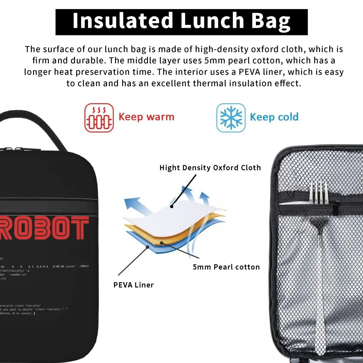 Mr Robot Crazy Insulated Lunch Bag for Women Resuable Arch Linux Programmer Cooler Thermal Bento Box Beach Camping Travel