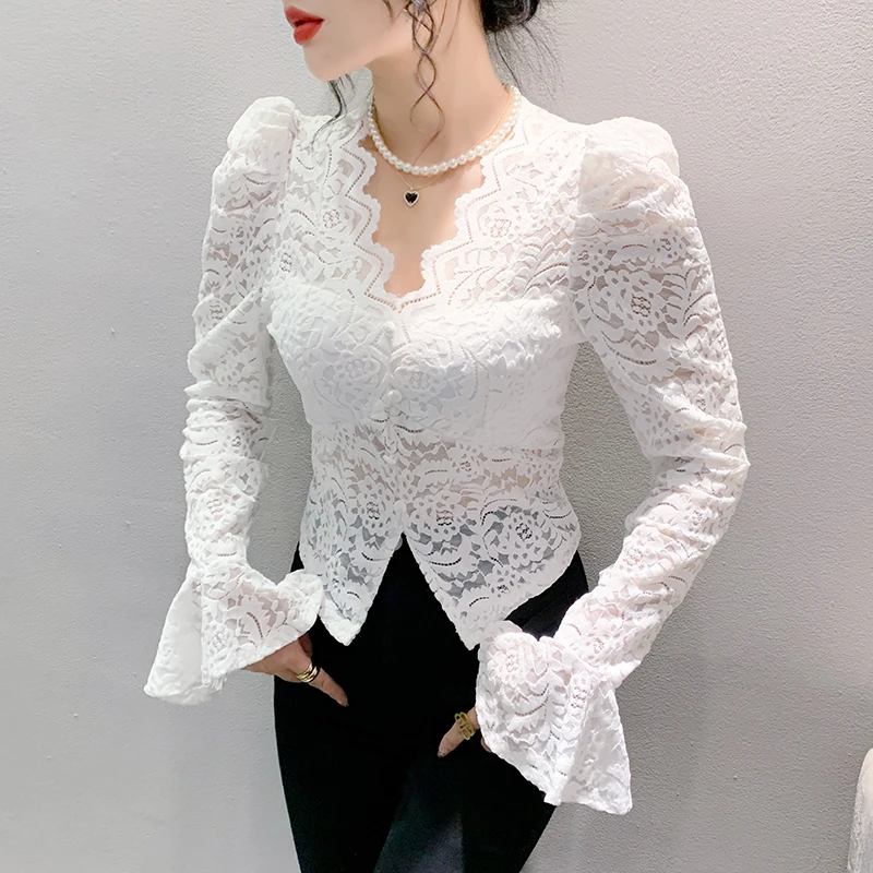 MadBlack European Clothing Tshirt Women V Necks Padded Slim Lace Tops Long Puff Sleeve Tees Autumn Winter T30019JC