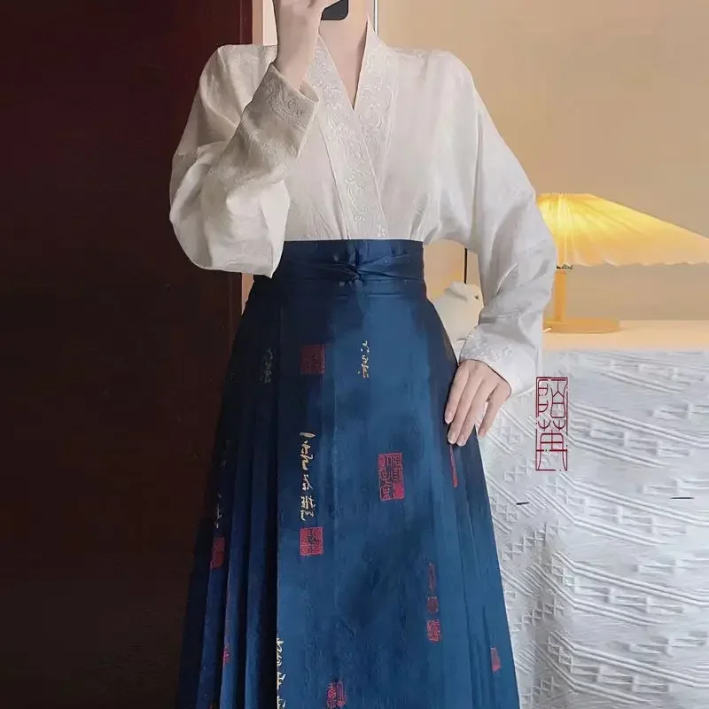 Original Chinese Traditional White Cross Collar Embroidered Long Sleeved Hanfu Shirt for Women 2024 Autumn Casual Tops Plus Size
