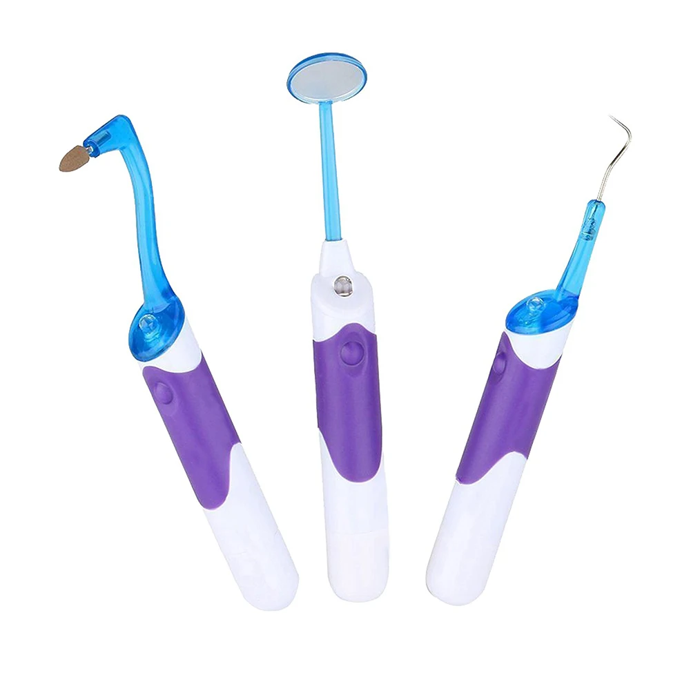 LED Dental Oral Hygiene Device Teeth Grinding Tools Kit Mouth Mirror + Polishing Bur Stain Eraser + Probe Scraper Plaque Remover