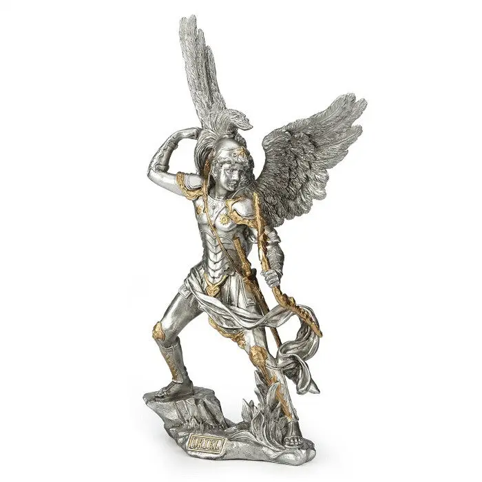 Silver Winged Angel Warrior Statue with Gold Accents Fantasy Battle Angel Figurine Resin Craft Home Tabletop Decorative Oranment