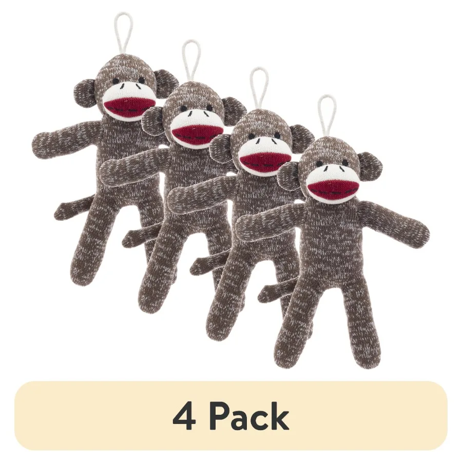 4 pack Brown Sock Monkey Plush Dog Toy with Squeaker, Chew Level 1