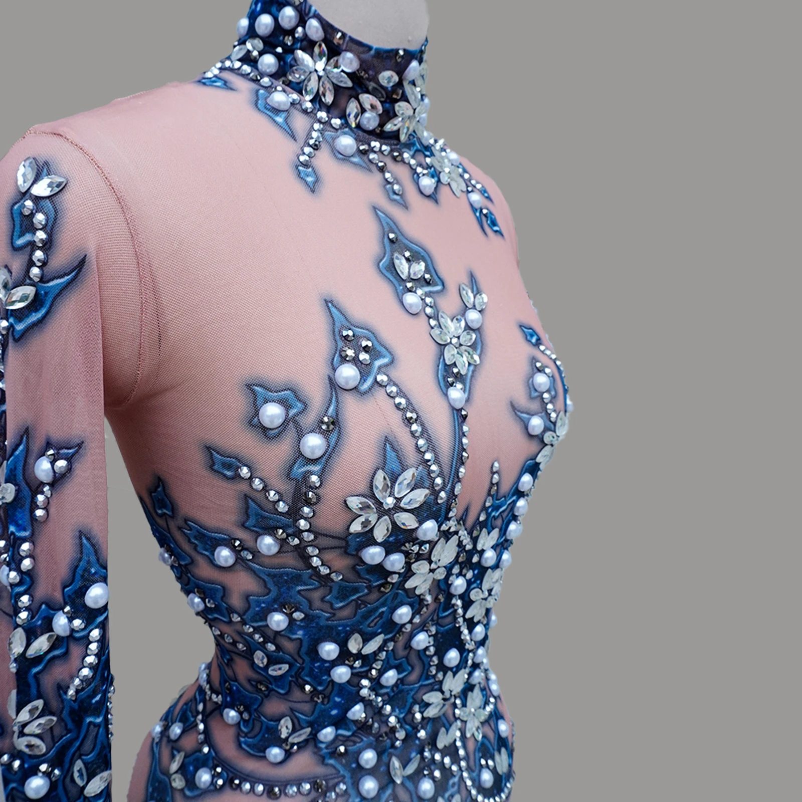 Vestido de manga larga con diamantes de imitación de cristal para mujer, trajes sexys de malla para cantante, trajes de escenario para fiesta de noche, festival de cumpleaños, disfraces de drag queen