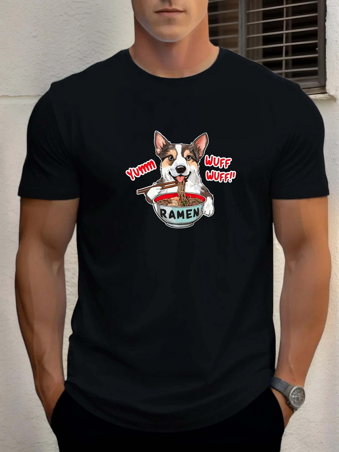 

T Shirt For Men Dog Eat Ramen 100% Cotton Graphic Printing Summer Round Neck T-Shirt Casual Breathable Street Style Daily Top