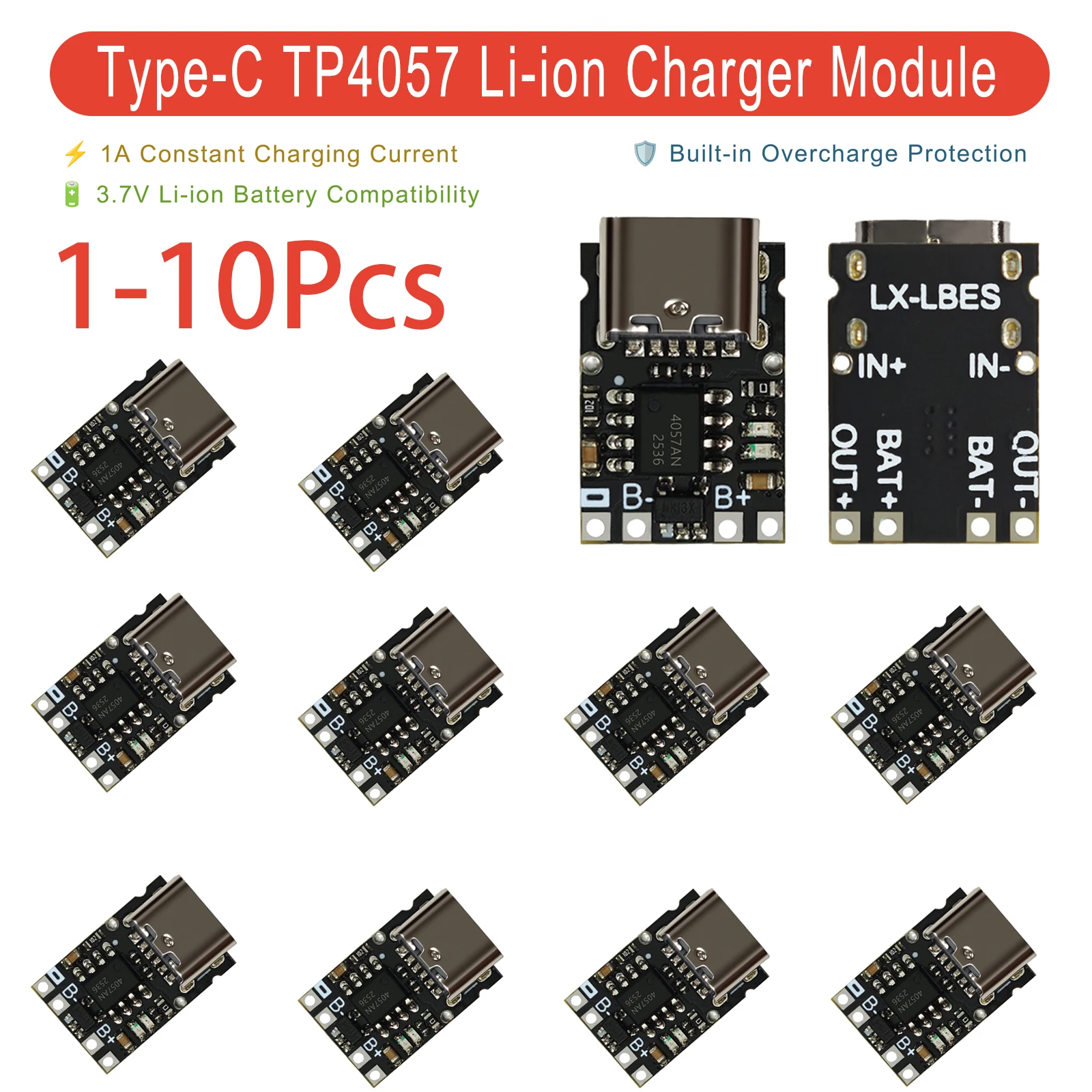 1-10pcs TP4057 1A 3.7V Lithium Battery Charging and Discharging Board with Protection Type-C USB C Li-ion Battery Charging Board