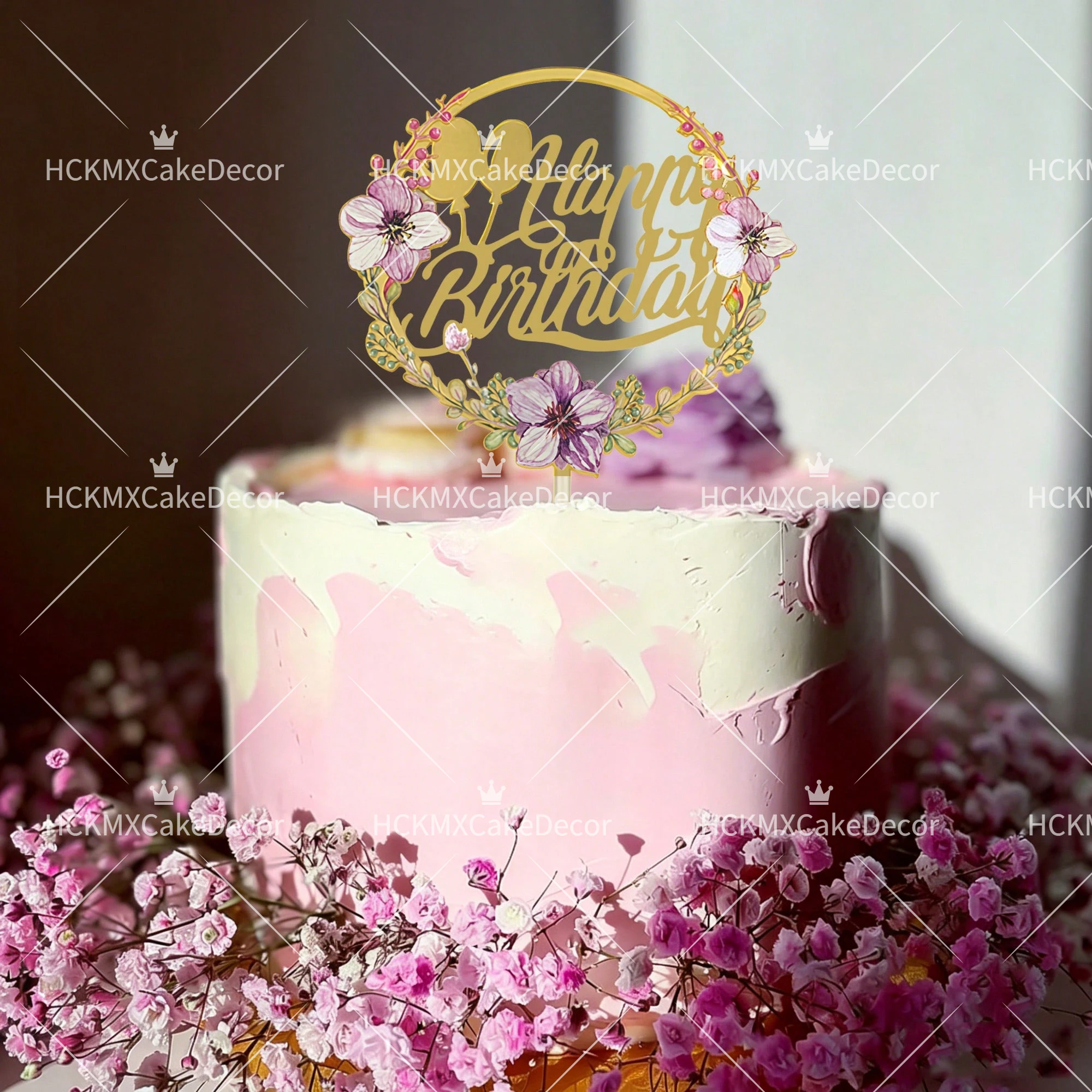 3-teiliger Blumenkranz Happy Birthday Tortendekoration Acryl Gold Spiegel Tortenstecker für Mädchen Frauen Geburtstagsparty Kuchendekoration – Detail 4