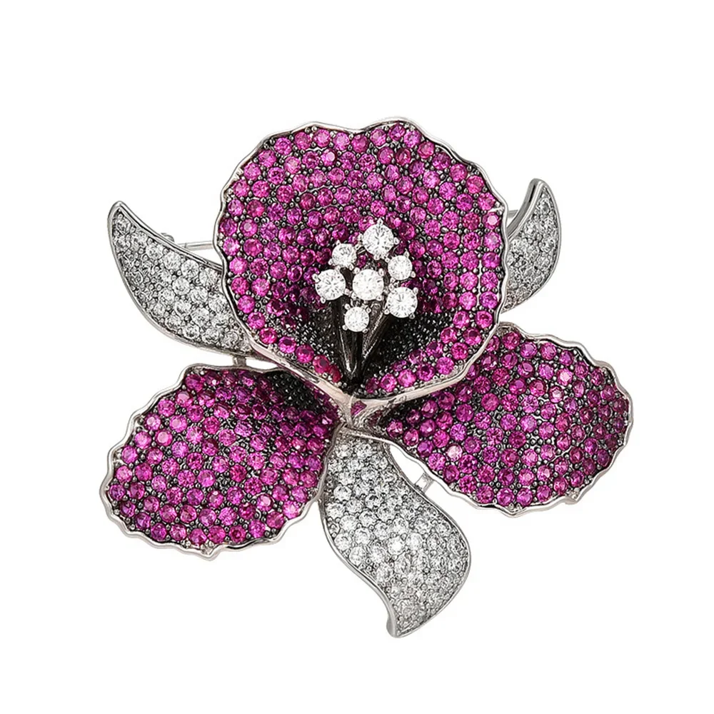 Luxurious Cubic Zirconia Orchid Flower Brooch Delicate Purple Rhinestone Floral Pins Brooches for Women Valentine's Gift