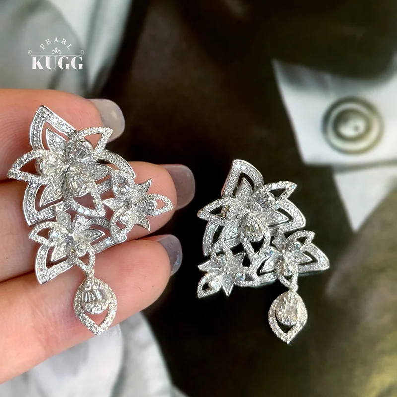 KUGG 100% 18K White Gold Earrings Luxury Design 1.50carat Real Natural Diamond Drop Earrings for Women High Party Jewelry