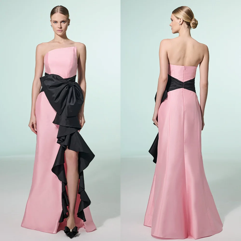

Customized Classic Elegant Charmeuse Bow Ruched Straight Strapless Long Dresses Bespoke Occasion Dresses High Quality Formal