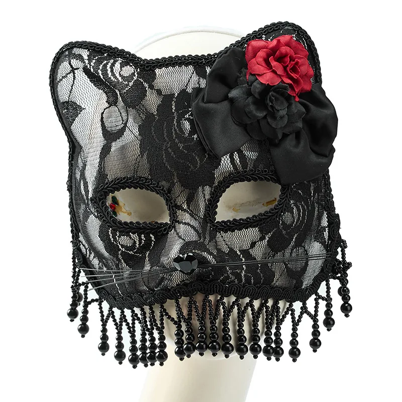 

Woman Halloween Masquerade Mask Gothic Retro Cat Ears Lace Fox Bead Tassel Mask Bow Flowers Animal Cat Cos Accessories