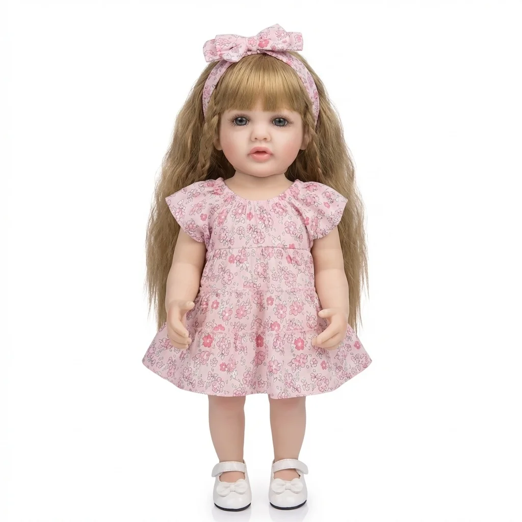 NPK 22inch Betty Soft Vinyl Reborn Doll Lifelike 3D Skin Visible Veins Light Brown Curly Hair Full Body Girl Doll for Children G