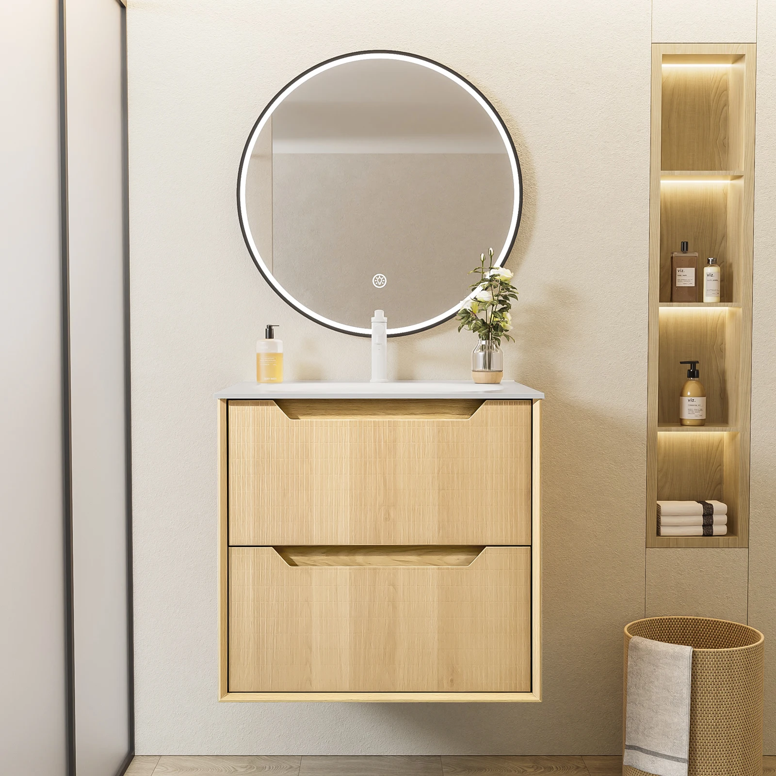 24-Inch Floating Bathroom Vanity with Sink, Grid Texture Front, Multi-Layer Solid Wood, Wall-Mounted, White Stone Top
