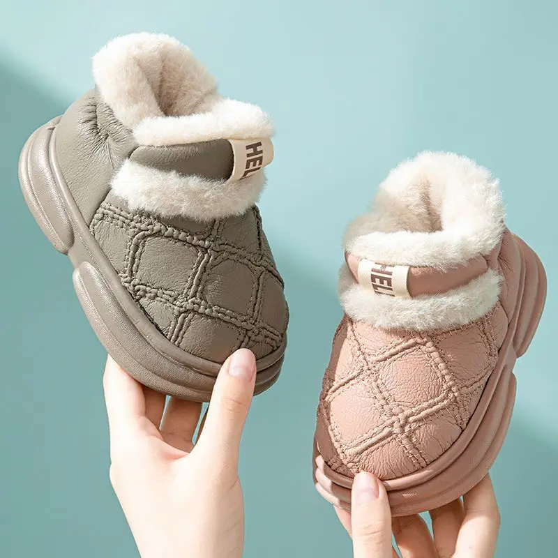 Solid Plaid Children Slippers Winter PU Leather Boys Girls Indoor Shoes Thick Warm Plush Soft Bottom Kids Slippers