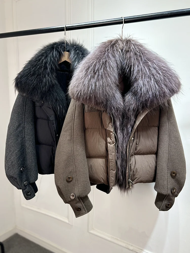 Lagabogy 2026 Natural Real Fur Collar Down Coat Women Thick Puffer Jacket Autumn Winter Loose Patchwork Sleeves Female Parkas