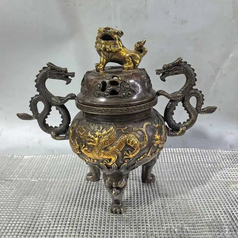 Gilt bronze incense burner two dragon lion lids, a handcrafted ornament with a rich patina and exquisite craftsmanship