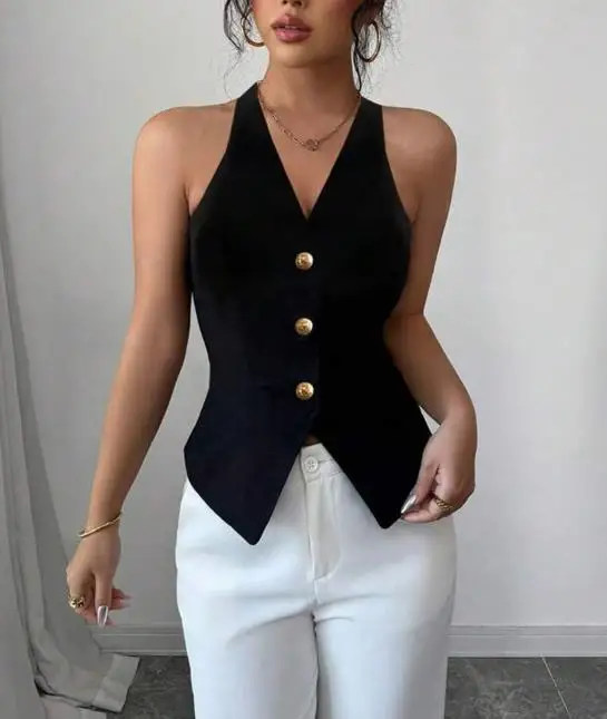 

Summer New French Elegant Fashion Style Solid Color V-Neck Button Front Waist Cinched Backless Women's Hanging Neck Suit Vest