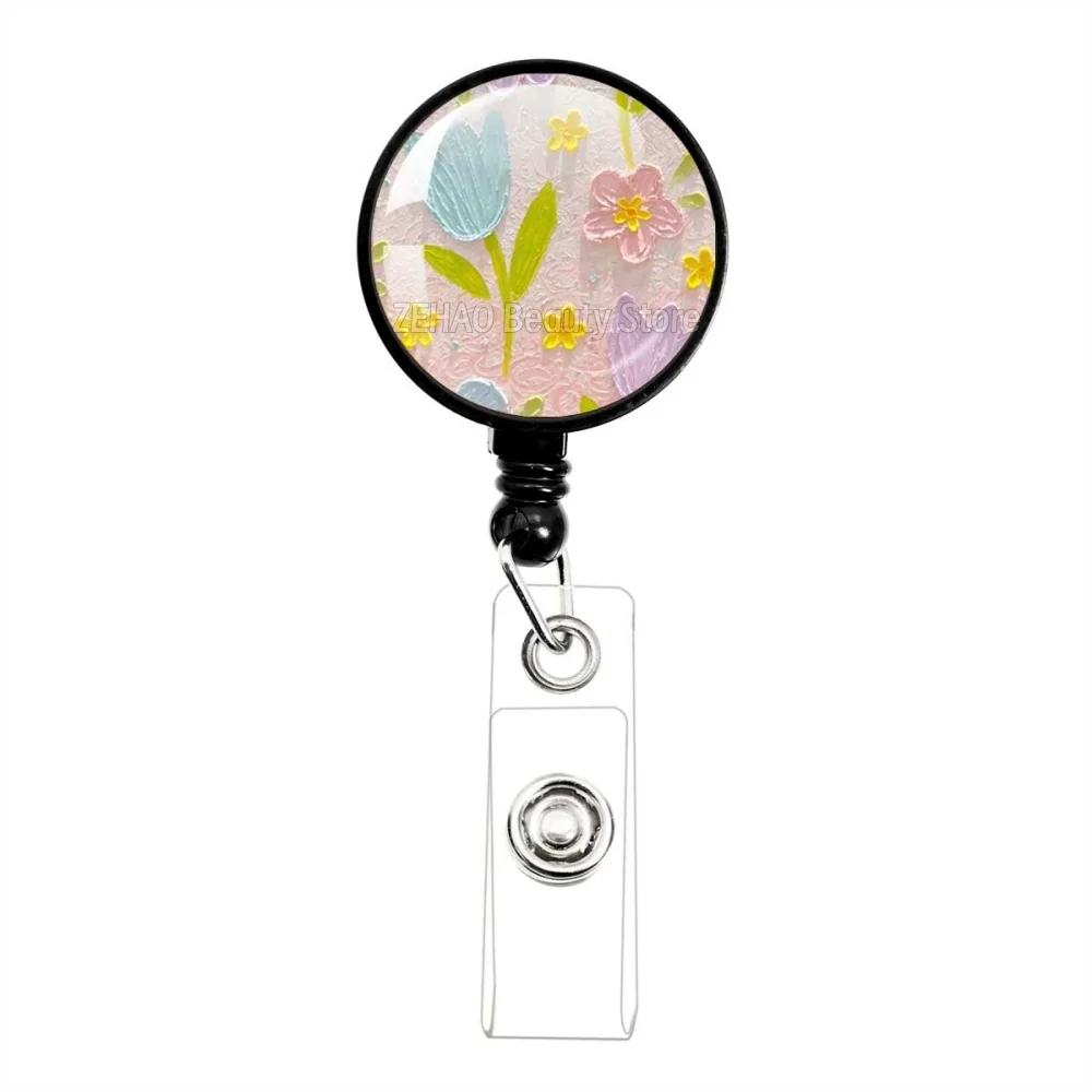 Pink Oil Painting Series Glass Cabochon 30mm Black  Retractable Badge Reel Work Card Clip ID Name Card Tag Staff Card BadgeJD002