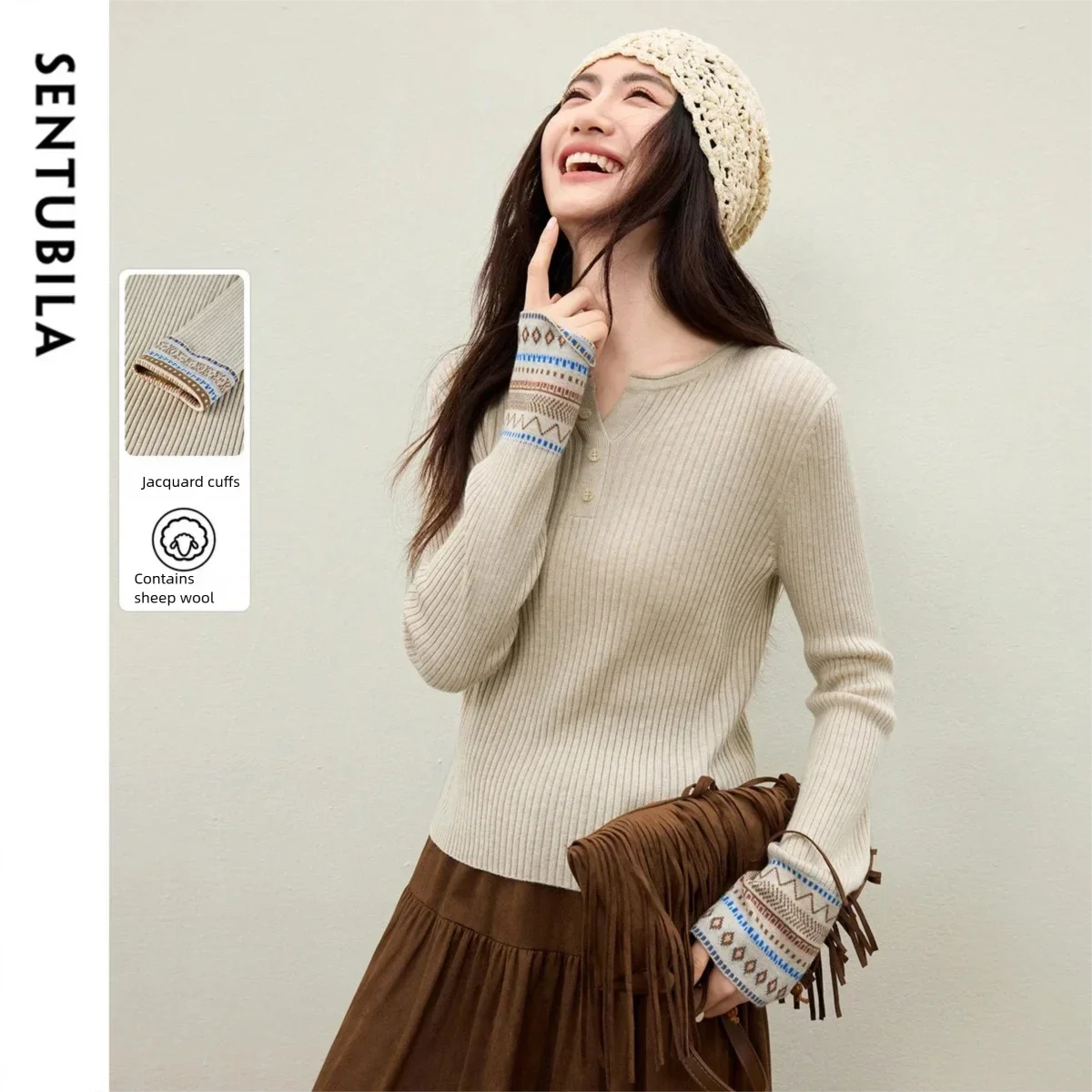 

SENTUBILA Women's Sweater 2025 Bohemian Jacquard Cuff Henley Neck Ribbed Knitwear Casual Straight Female Winter Tops W54EA5743
