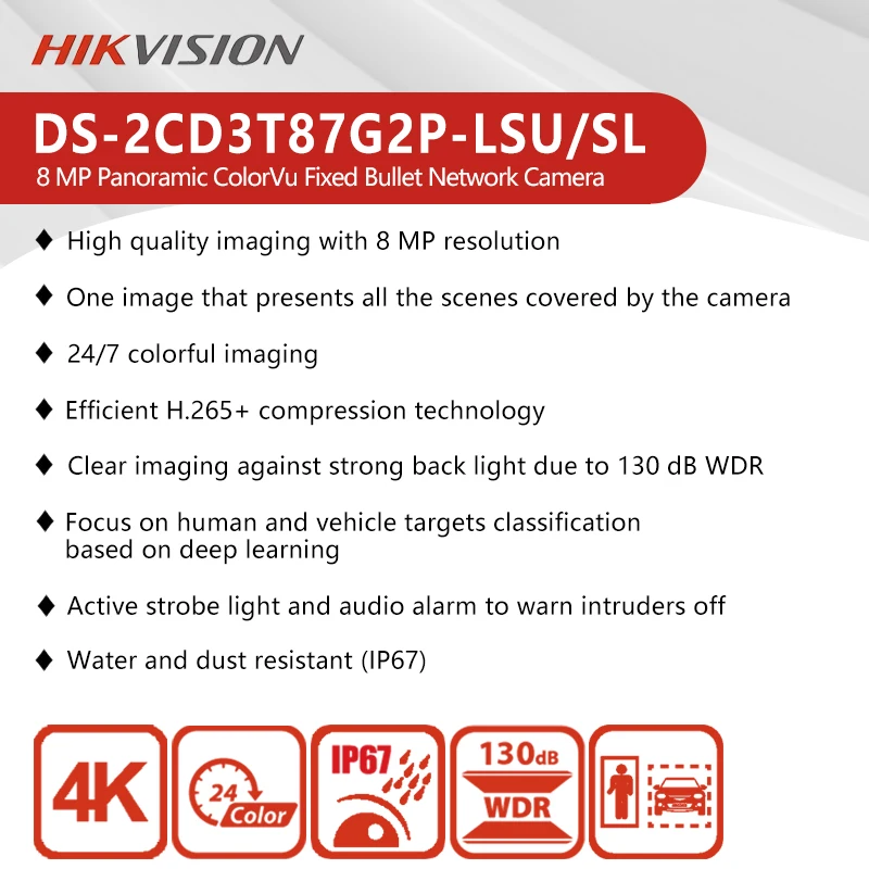 Hikvision 8MP 4K Panorama ColorVu Fixed Bullet Netzwerkkamera, unterstützt Licht und Audioalarm, Bewegungserkennung DS-2CD3T87G2P-LSU/SL