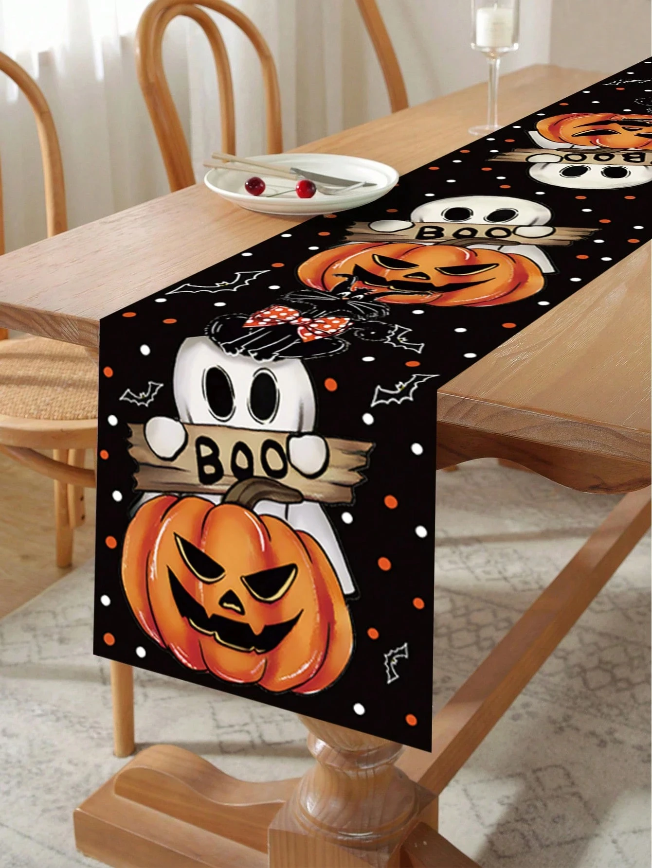 Halloween Linen Table Runner, 2D Boo Ghost Jack O Lantern Bat Polka Dot Print, Multiple Sizes, Ideal Halloween Party Table Decor
