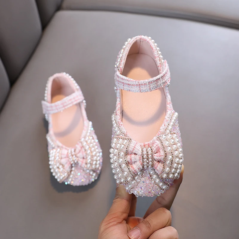 Elegant Girl\'s Princess Shoes Beading Bowknot Four Colors Children Mary Janes Sweet Party 21-36 Beautiful Fashion Kids Flat Shoe