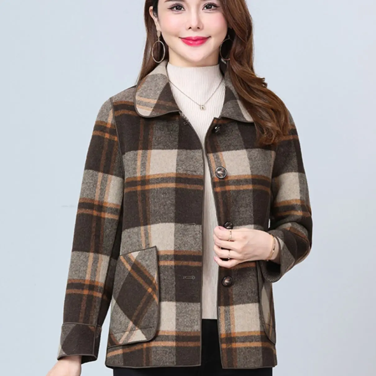 Mom's autumn new patch pocket large lapel plaid pattern middle-aged and elderly women's oversized jacket Two sided wear