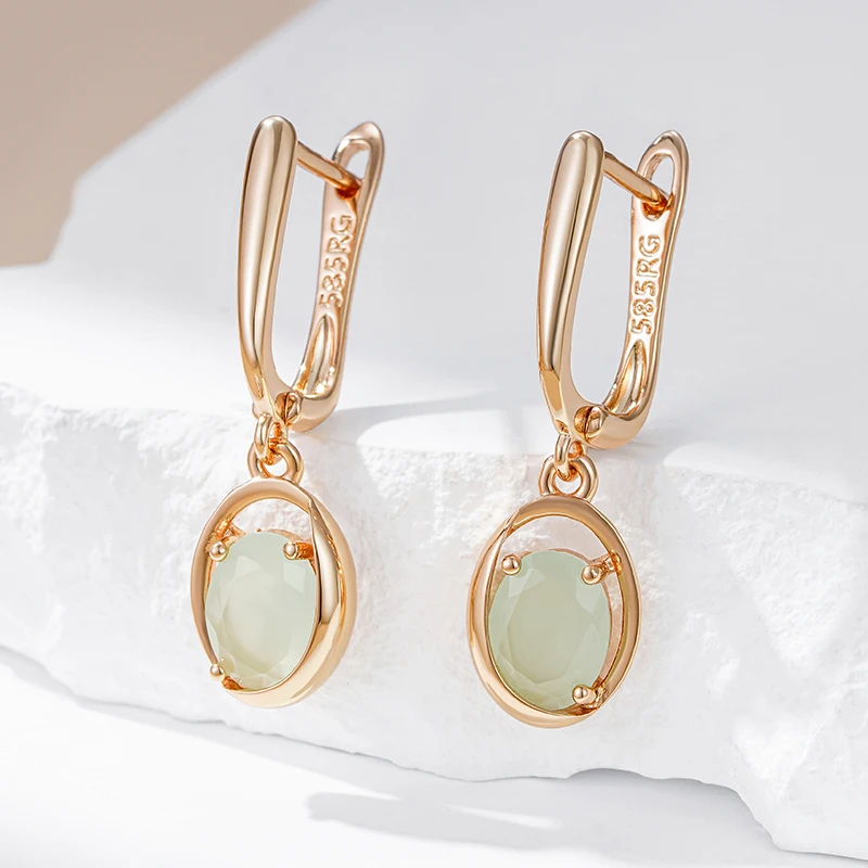 Kienl New Simple 585 Rose Gold Dangle Earrings for Women Fashion Oval Green Natural Zircon Accessories Vintage Wedding Jewelry