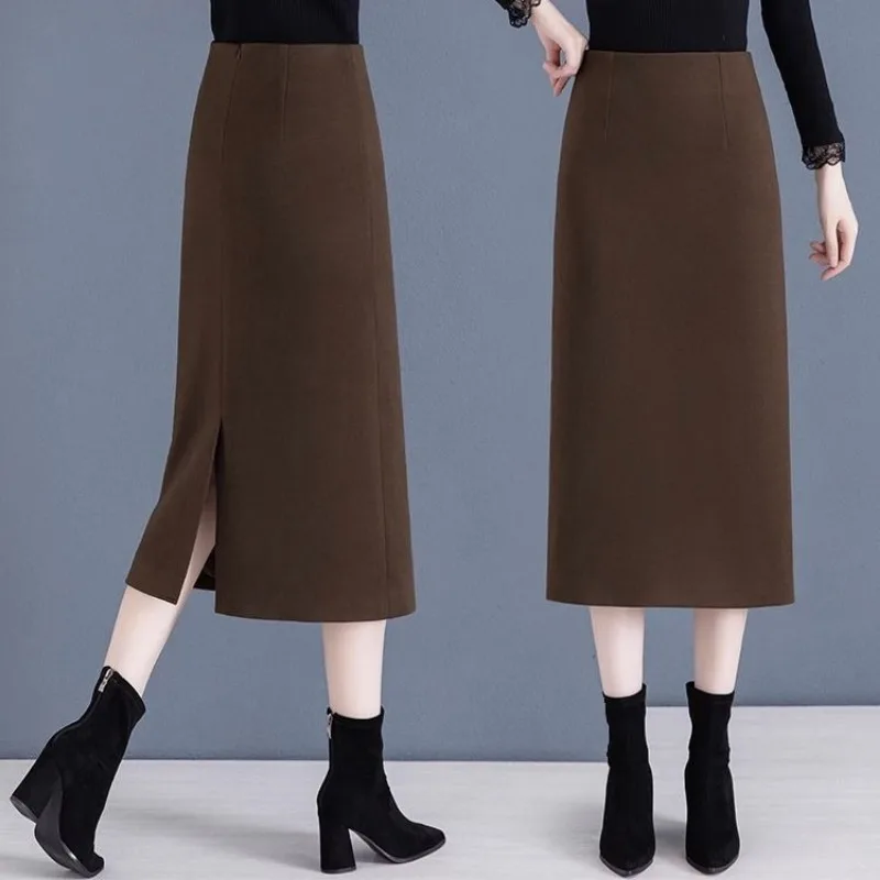 خريف شتاء جديد تنورة المرأة ألف خط منتصف طول الصوفية شق تنورة الراقية تنورة مستقيمة