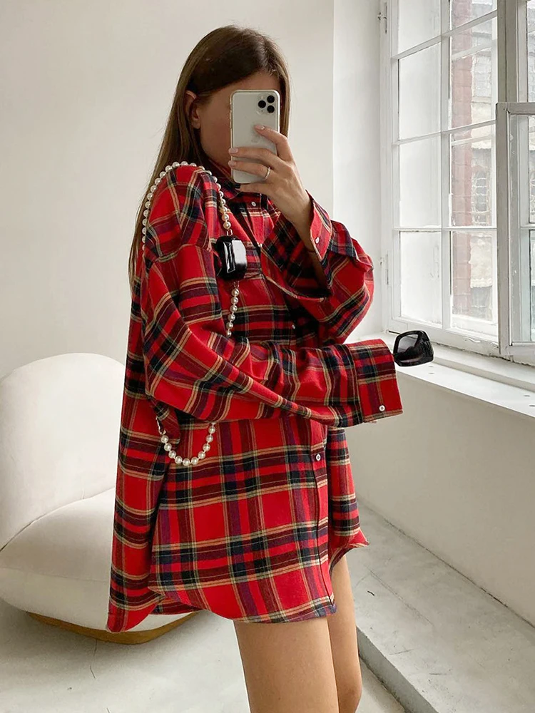 2023 Autumn Winter Women Vintage Oversized Long Thick Plaid Shirt Long Sleeve Ladies Tops Loose Fit Blouse For Woman